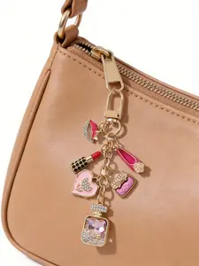 Elegant Metal Keychain for Women, Unique Pendant Design, Includes Perfume Bottle, Lipstick, Eyeshadow, High Heels, Oil Drops, DIY Bag Accessory
