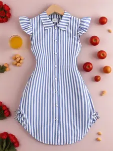 Girls' Striped Dress with Stand Collar, Button Design, Comfortable Fashion Style, Perfect for Daily Wear, Stylish Girls' Clothing, Summer Dresses