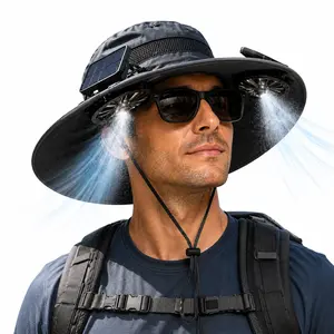 Solar-Powered Fan Sun Hat with Mist Spray, Wide Brim UV Protection Fishing Hat, Dual Fans, Solar & USB Dual Charging, Waterproof Quick-Dry, Adjustable Fit for Men Women Outdoor Hiking Gardening Work