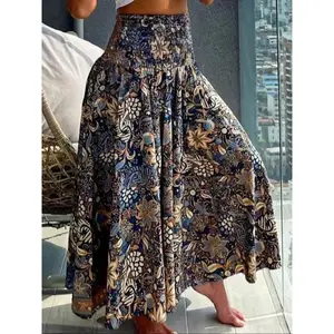 Vintage Floral Print Shirred High Waist Skirt – Boho A-Line Vacation Skirt for Women, Casual Daily Wear, All-Season Holiday Outfit, Fall & Vintage Style Womenswear Bottom Palda Bohemian Multicolor Paisley