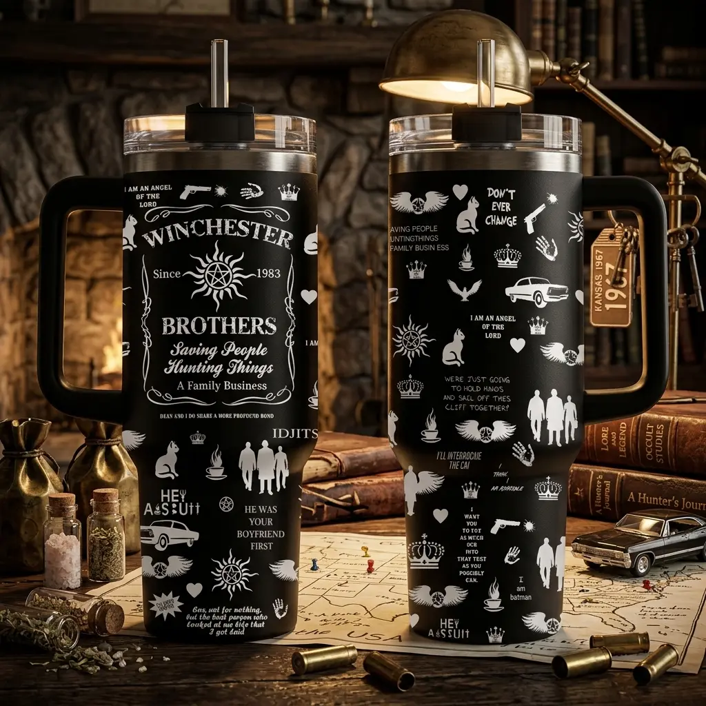 Supernatural Winchester 40oz Stainless Steel Tumbler, Winchester Brothers Saving People Hunting Things Design, Perfect Gift for Halloween