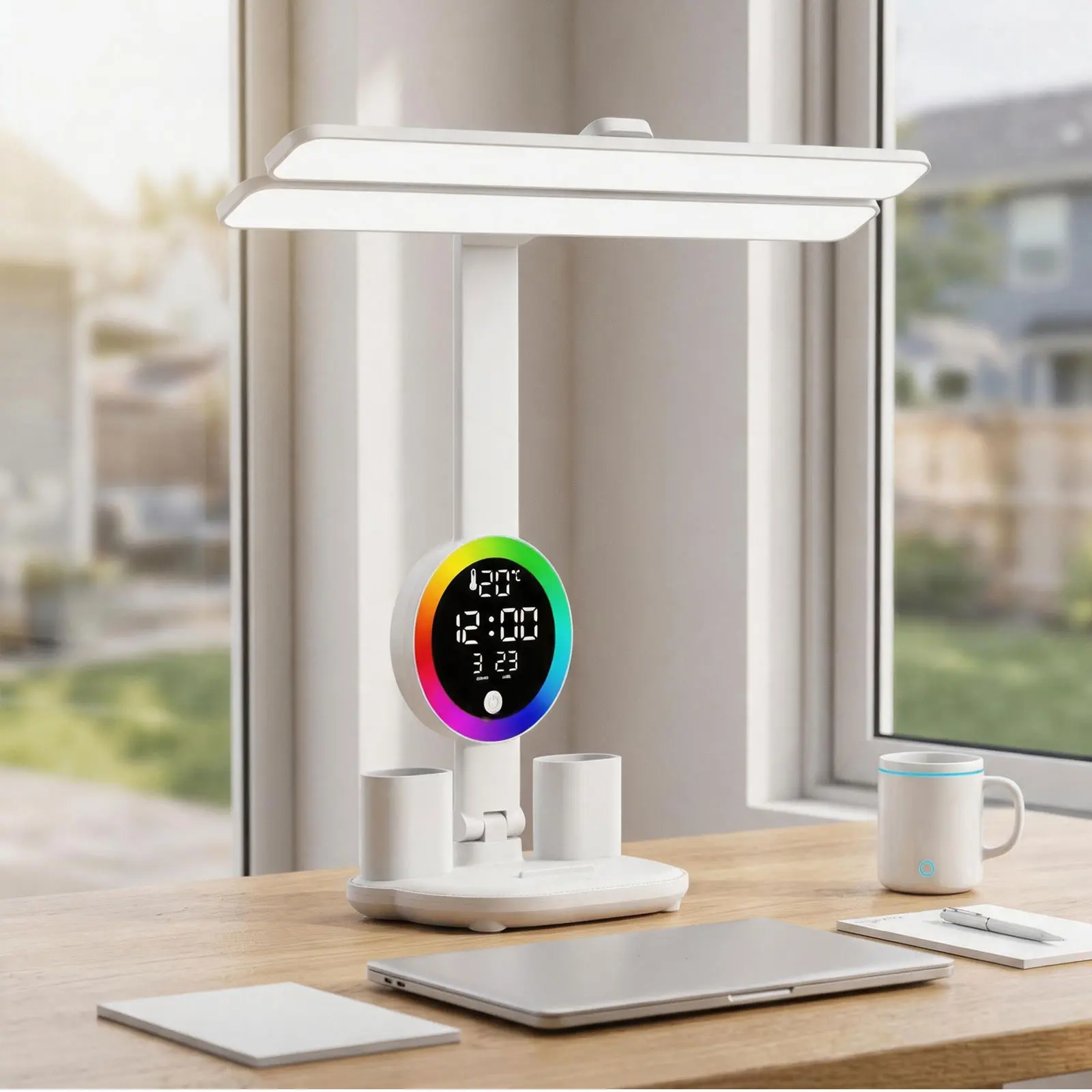 LED Desk Lamp Adjustable Foldable Table Lamp with Clock, Dates, Temperature, Pen Holder, 3 Color & Stepless Dimming, Reading Lamp for Study Table Work Office