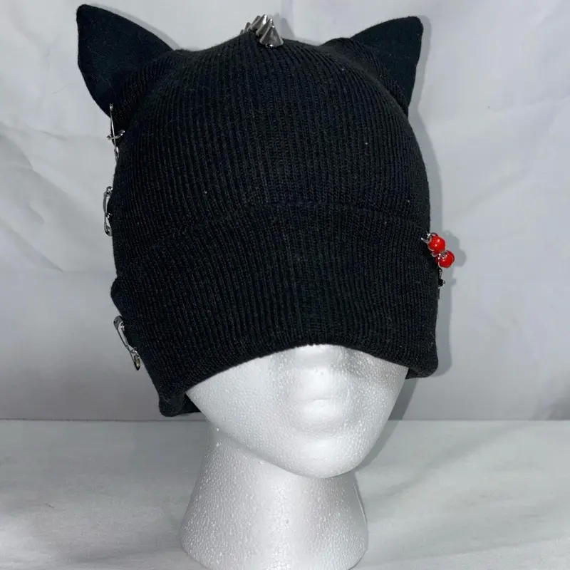 Spike Cat Ear Beanie - Black Knit Beanie with Cat Ear Design, Adjustable Fit, and Decorative Elements