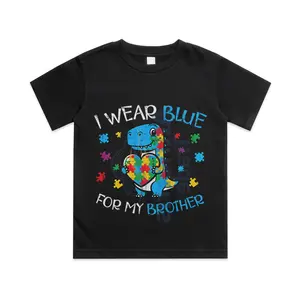 Kids Autism Dino I Weat Blue for My Brother Awareness Boys Kids Cotton T-shirt, Graphic Print Round Neck Short Sleeve Casual Tee for Boys Girls