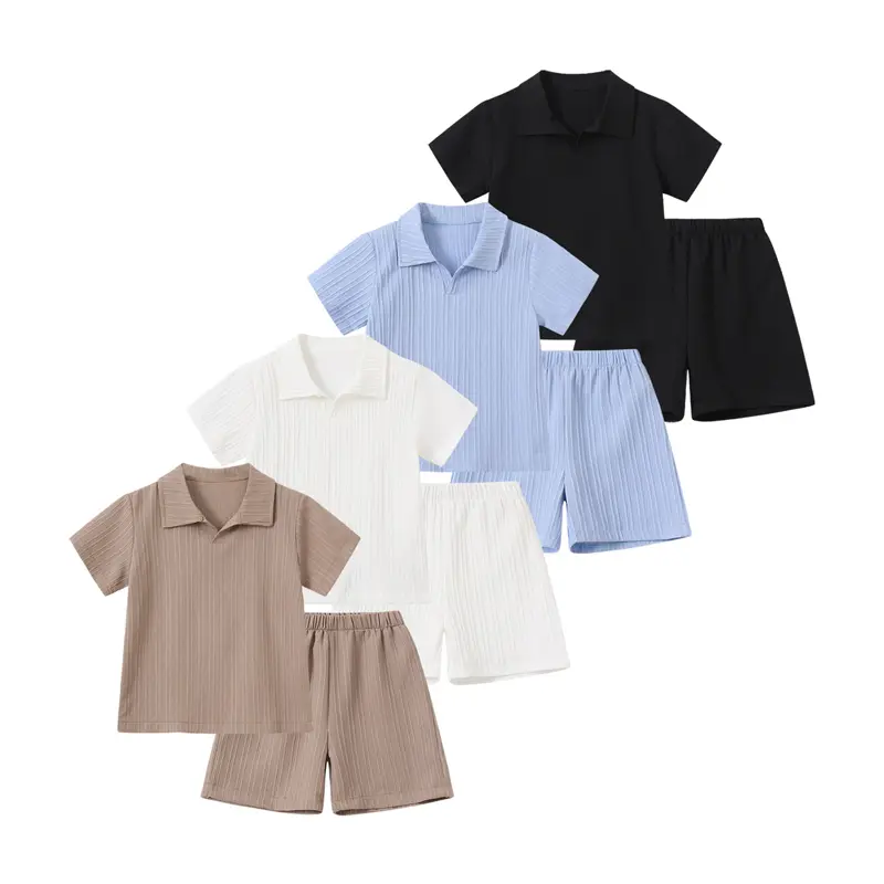 #SummerVibes Boys' 4-Piece Summer Outfit Set - Ribbed Knit Polo Shirt and Shorts, Soft and Breathable Casual Wear for Children Matching Set