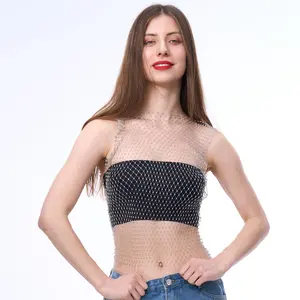HEBE khaki Fishnet Tank Top 2025 Spring New Womenswear Rhinestone
