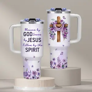 Christian Cross Floral, 40oz tumbler with handle, iced coffee cup, purple watercolor flower design, Faith Lover Gift, for home and office, Easter, Summer, Travel Mug, Stainless Steel Vacuum Insulated Water Bottle, Tumbler Gift for Women and Men