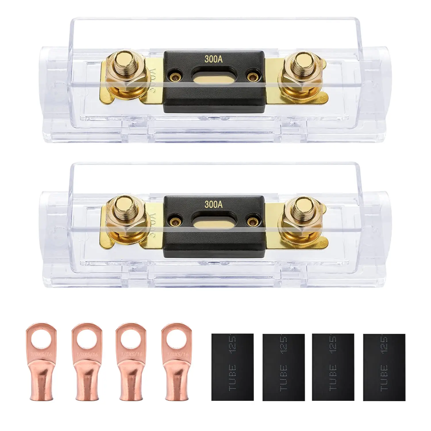 Nilight 2PCS ANL Fuse Holder Kit with 300A ANL Fuse, Protector Insulating Cover, 5/16" & 4PCS Copper Lugs for 0-2-4 AWG Cables, 25A-100A Range, Installation-Ready for Car Audio Amplifiers, Trucks