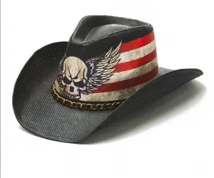 Skulls & Stripes Stiff Toyo Straw Cowboy hat with Red & White Stripes, Skull and Wings, Chain link band