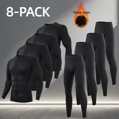 OKP Men's Athletic Sportswear 2-Piece Plain Thermal Underwear Set - Black, Quick-Drying Polyester-Spandex Base Layer Top & Trouser, Full Coverage, Outdoor Winter Skiing (8 Pack of 2 Sets Black)