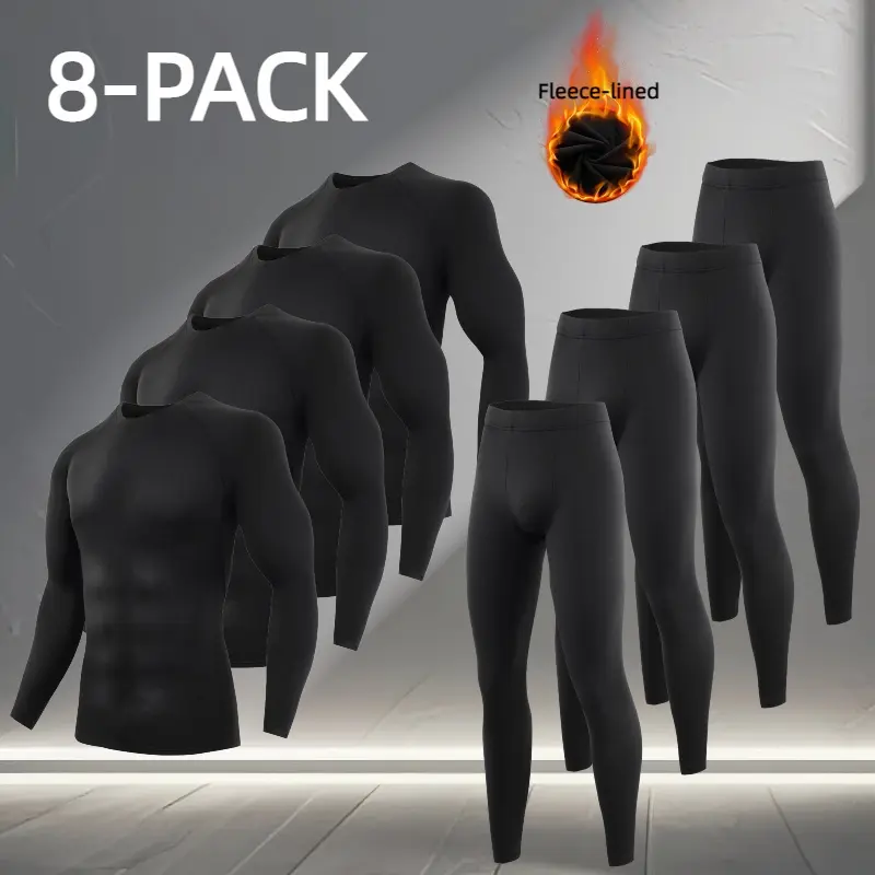 OKP Men's Thermal Underwear Set, Solid Base Layer Top & Pants, Quick-Drying Polyester Spandex for Winter Skiing & Running, Full Coverage, 8 Pack