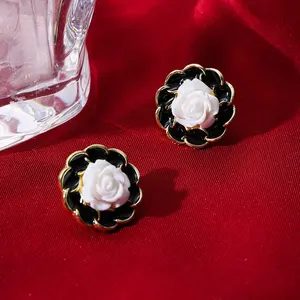 Black Enamel Camellia Pearl Stud Earrings
