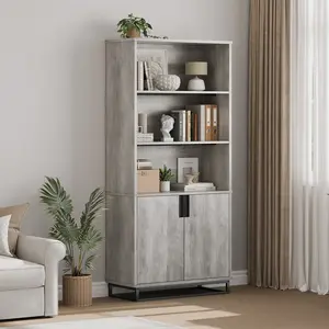 71" Tall Bookshelf w/ Doors & Metal Base, 5-Tier Wooden Bookcase with Cabinet and Adjustable Shelf,Farmhouse Book Shelf Industrial Bookcase for Living Room Office Library