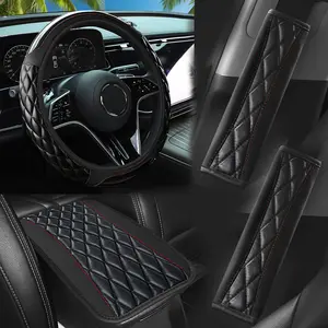 Leather Steering Wheel Cover Leather PU Bubble Steering Wheel Cover Set - Armrest Box Mat Seat Belt Shoulder Protector 4pcs