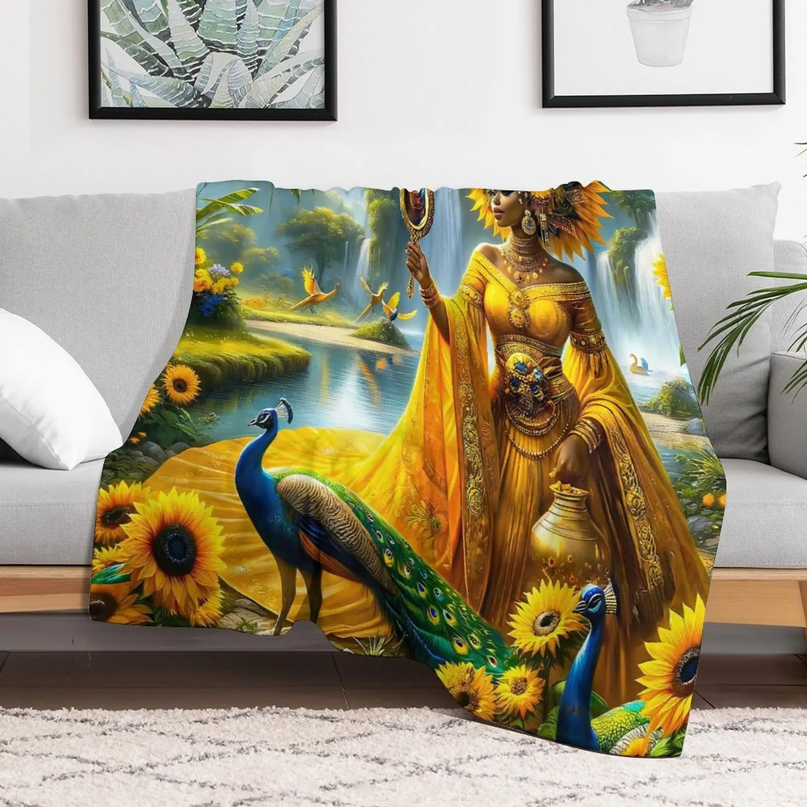 Spiritual African Culture Decorative Throw Blanket, Oshun Orisha Goddess Print Flannel Fleece Blanket, Warm Soft All‑Season Gift for Black Art Enthusiasts