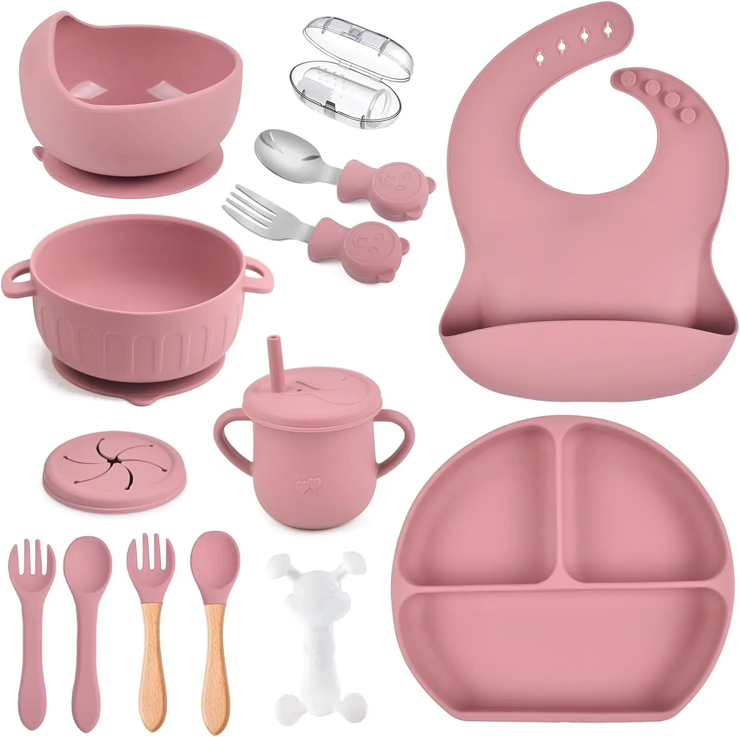 Silicone Baby Feeding Set 15 Pcs，Baby Spoons Suction Bowl Divided Plate Bib Cup Finger Brush, Baby Led Weaning Supplies, Baby & Toddler Silicone Plates and Bowls Dining Set