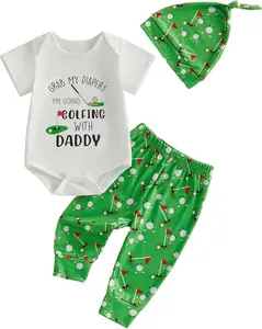 3Pcs Newborn Baby Boy Golf Outfit Grab My Diapers I'm Going Golfing With Daddy Romper Shirt Pants Set Summer Clothes