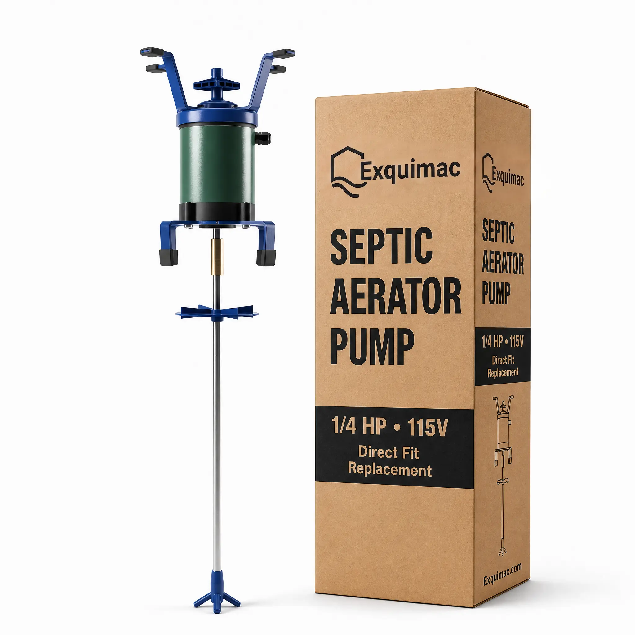 Exquimac 340HT Direct Fit Septic Aerator Replacement for Norweco Singulair, 1/4 HP Continuous Run Duty, 115V, 1725 RPM, Bronze Coupler, Steel Brackets, 1/4 Hp Duty