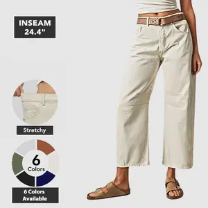 Flamingals Solid Stitch Detail Mid Waist Crop Baby Barrel Pants Without Belt Casual Summer Vibes