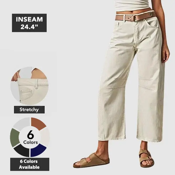 Flamingals Solid Stitch Detail Mid Waist Crop Baby Barrel Pants Without Belt Casual Summer Vibes Flamingals Solid Stitch Detail Mid Waist Crop Baby Barrel Pants Without Belt Casual Summer Vibes