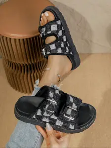 Women's Plaid Slip-On Two Strap Sandals, Thick Sole Textile Upper, Rubber Sole, Casual All-Season Footwear, Medium Width, No Ca Prop 65
