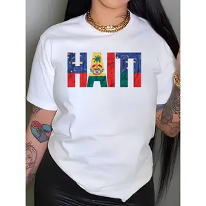 1pc Women'S Casual Cotton T-Shirt with Haitian Flag Alphabet Print, Crew Neck, Short Sleeve, Regular Length - Spring/Summer Collection Top Womenswear