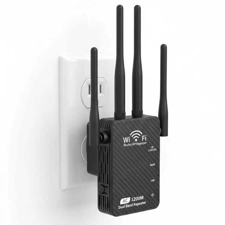 WiFi Extender Booster 1200Mbps, Dual Band 2.4GHz/5GHz WiFi Repeater, Wireless Signal Range Extender with 3 Modes, 4 Antennas, WAN/LAN Port for Home