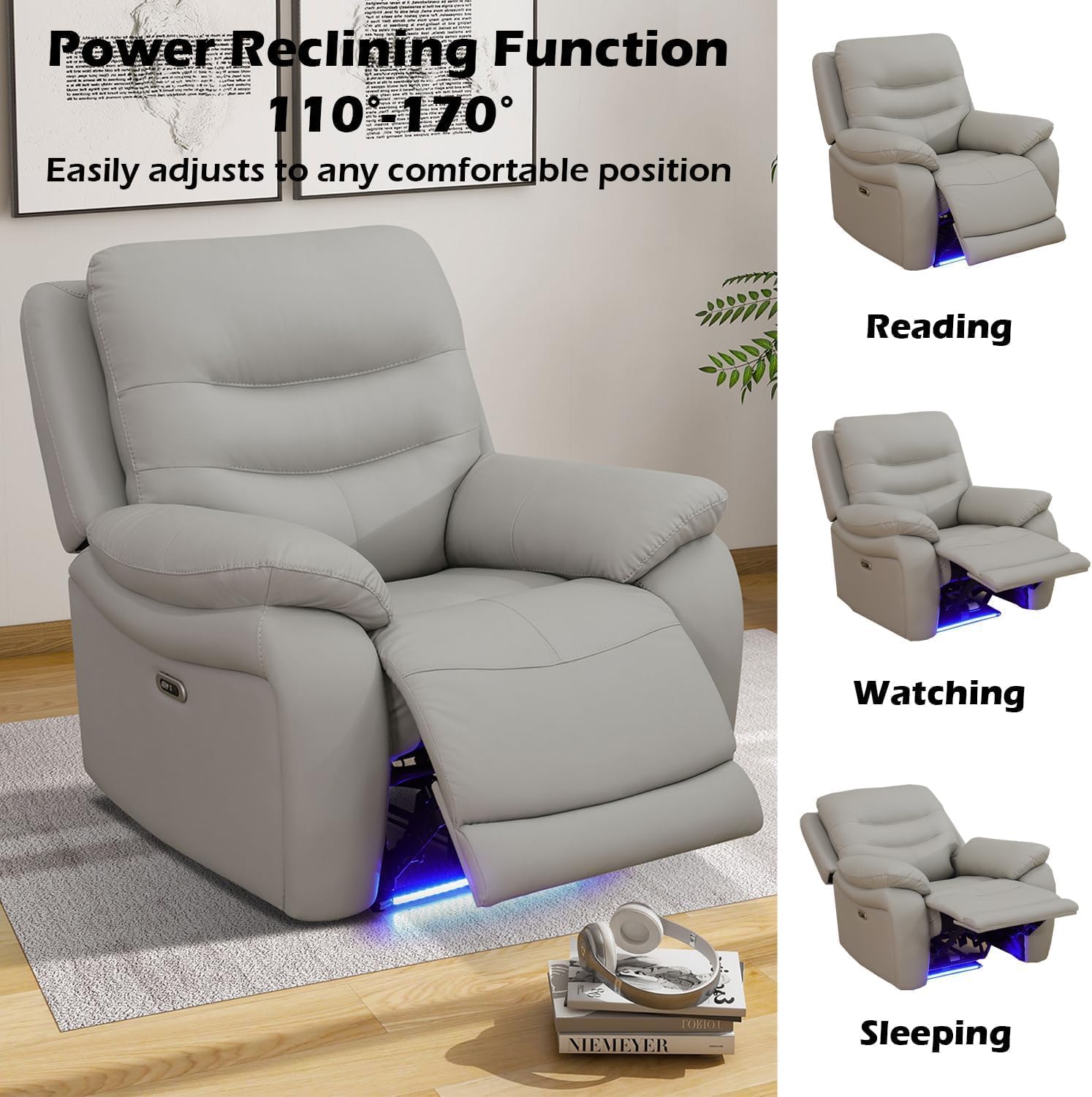 Leather Power Recliner Sofa Set with LED Lights, USB Ports, Storage Console & Cup Holders, Luxury Living Room Indoor Furniture (Sofa, Loveseat, Chair)