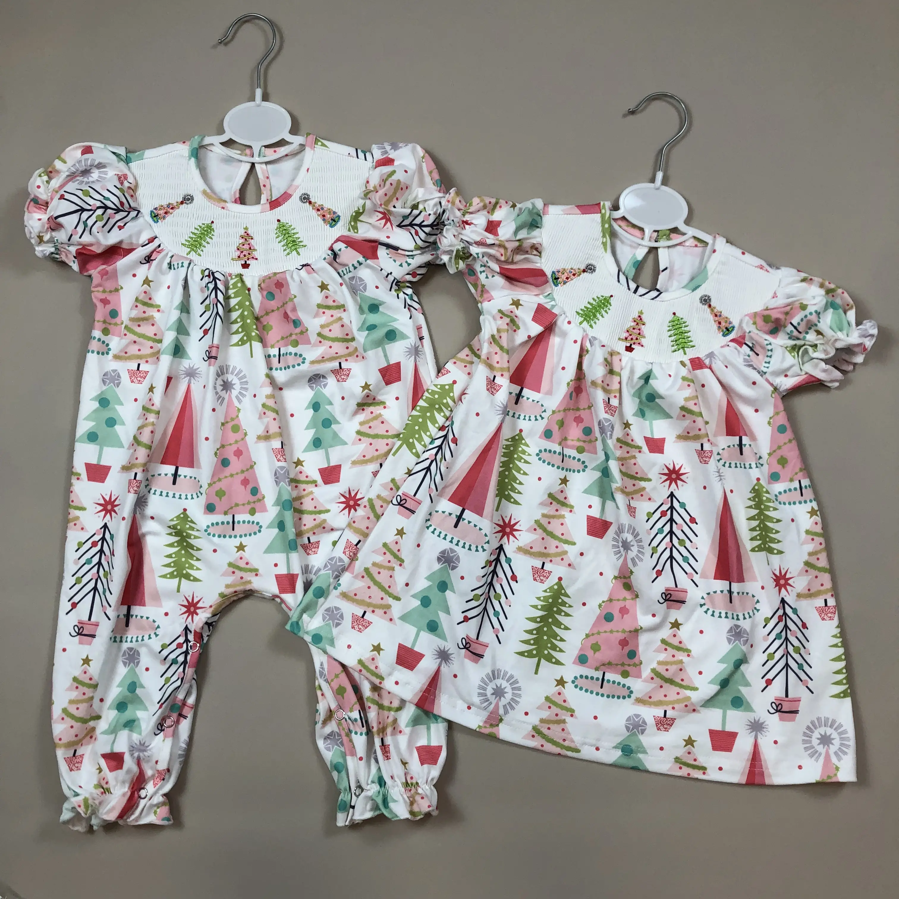 Girl's Collared Smock Dress - Christmas Tree Print Winter Party Dress for Kids