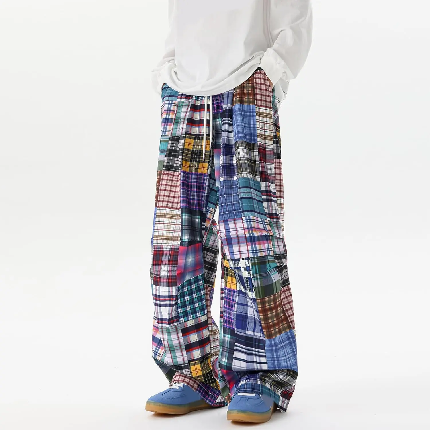 Men's Multicolor Plaid Patchwork Pants Loose Y2K Hip Hop Style Drawstring Straight Leg Sweatpants