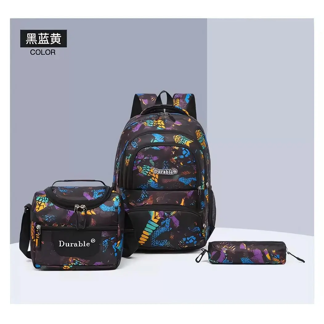 Durable Backpack Set - Black Blue Yellow Color - Includes Large Backpack, Lunch Box, and Wallet - Durable Brand