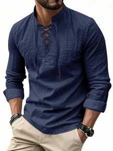 Men's Solid Color Long Sleeve New Linen Henley Shirt, Hippie Casual Beach Stand Collar Shirt, Trendy Fashion Top, Casual Menswear