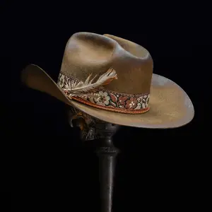 Western Cowboy Wool Hat with French Old Jacquard Feather & Intricate Floral Embroidery Pure Wool Felt for Stylish Comfort