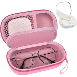 Portable 2 in 1 Contact Lens Case and Glasses Case, Traveling Cases Bag Box Holder with Soak Storage Kit Included Built-in Mirror, Tweezer, Contact Lens Solution Bottle and Hand Strap-Pink springtok
