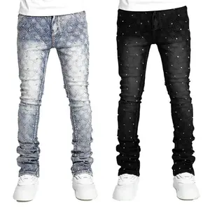 European Personality Stacked Jeans For Men Slim Fit Stretchy Pearls Man's New Designer Jeans