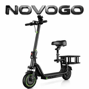 E-Scooter with Seat and Rear Basket for Adults, 350W Motor, 19 MPH Top Speed, 15-19 Miles Range, 8.5" Solid Tires, Adjustable Seat, Foldable Electric Scooter for City Commute, Grocery Shopping and Pet Travel