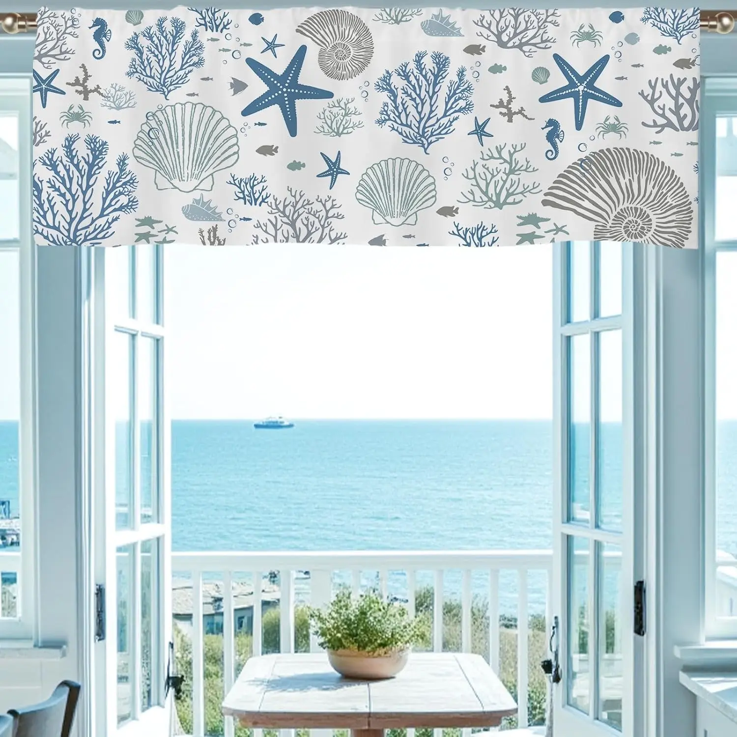 Coastal Valances for Windows, Summer Nautical Valances for Windows, Blue Seaside Valance Curtains Ocean Starfish Shell Kitchen Window Decor Conch Coral Living Room Bedroom Bathroom 51x18in