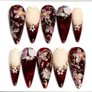 Red Cat-Eye Press On Nails: 3D Floral French Tip, Elegant Y2K Style K364