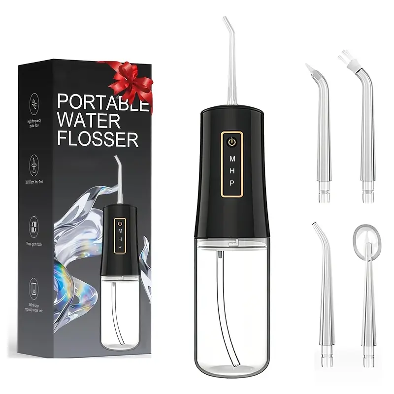 Portable water flosser, water flossing tooth cleaner, water pick for dental cleaning, water toothbrush, oral irrigator, 3 modes, 360° nozzle with 4 interchangeable tips, ideal for business travel and on-the-go use