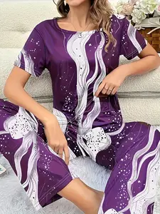 Women's Printed Short Sleeve Top & Long Pants Set, Comfortable Sleepwear, Matching Pajamas, Outer Wear, Home Relaxation, 2 Piece Loungewear Suit