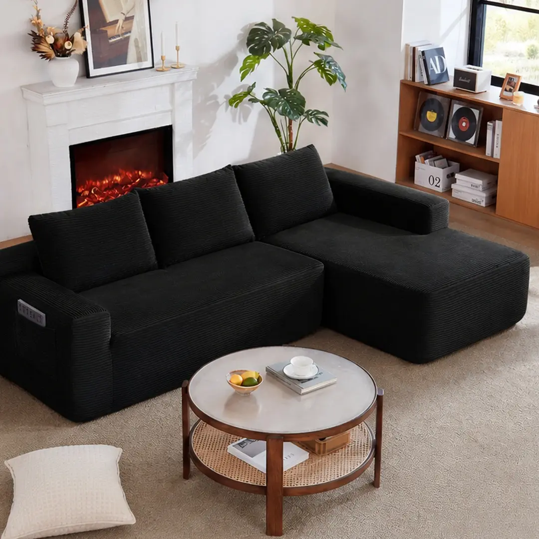 Frameless Cloud L-Shape Sectional Sofa with Chaise - 104in, Armless Modular Corduroy Upholstered, 3-Seat Indoor Living Room Furniture, Side Pockets, No Assembly, Black Sponge+Spring Construction, Frameless Cloud Couch