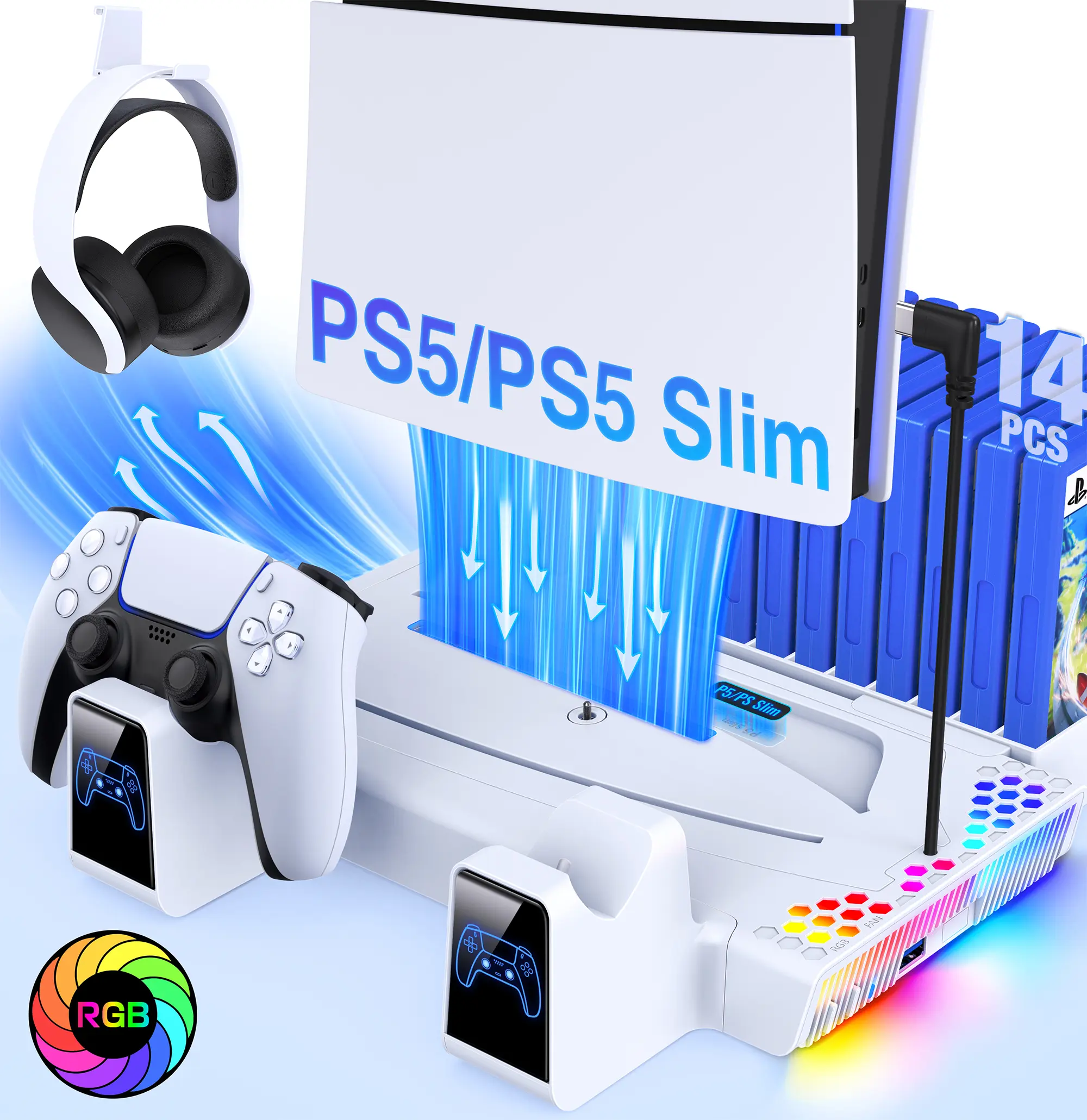 PS5 Stand and Cooling Station for Digital/Slim/Disc Controller Charging Station with 3 Levels  Fan, 14 Game Slots, Headset Holder