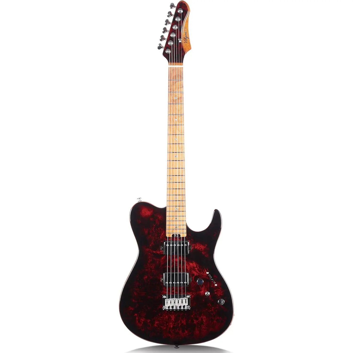Electric Guitar Burl Wood Look Printed Top Modern Double Cut 6 String HH Pickups Tremolo Maple Neck Gloss Finish (Red)