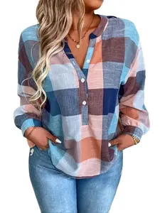 【Plus Size】 Plaid Print Button Shirt, Casual Long Sleeve Top for Spring & Fall, Women's Clothes for Daily Wear
