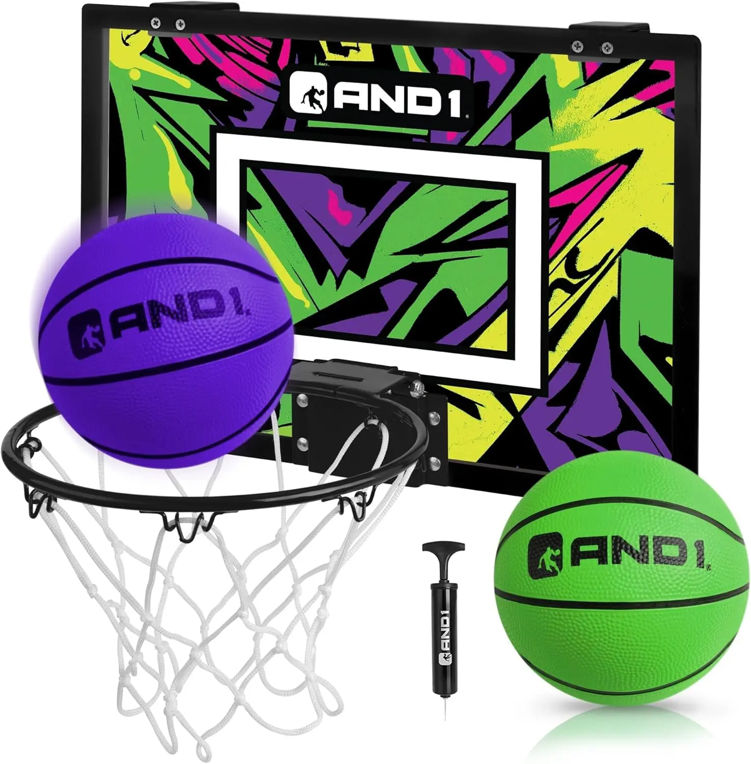 AND1 Over the Door Mini Basketball Hoop Set for Children & Adults, 18x12" Shatterproof Backboard with Foam-Padded Backing, Includes 2 Mini Balls, Pump & 3-Ply Net, Backboards, Basketballs, Indoor Play, Preassembled, Heavy-Duty Net