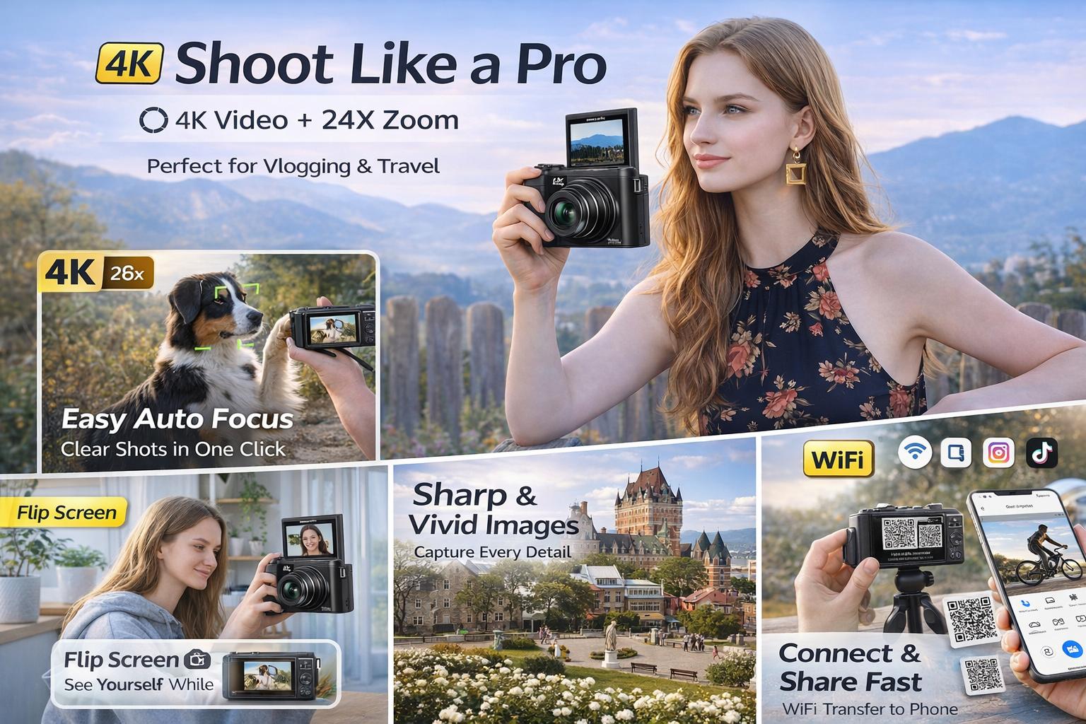 Lmzour 4K Camera for Beginners  | 24X Optical Zoom, WiFi, Flip Screen – Easy Vlogging Camera