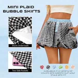 Imily Bela Womens Mini Plaid Bubble Skirts Striped Elastic Waist Cute Skorts Y2k Puffy Skirt with Short Underneath