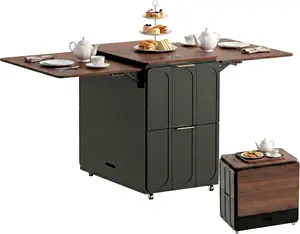 ModernMate Folding Dining Table with 4 Storage Drawers, Convertible Desk & Dining, Extendable Space Saving Furniture for Small Spaces – Home Office, Living Room, Kitchen, Black Walnut