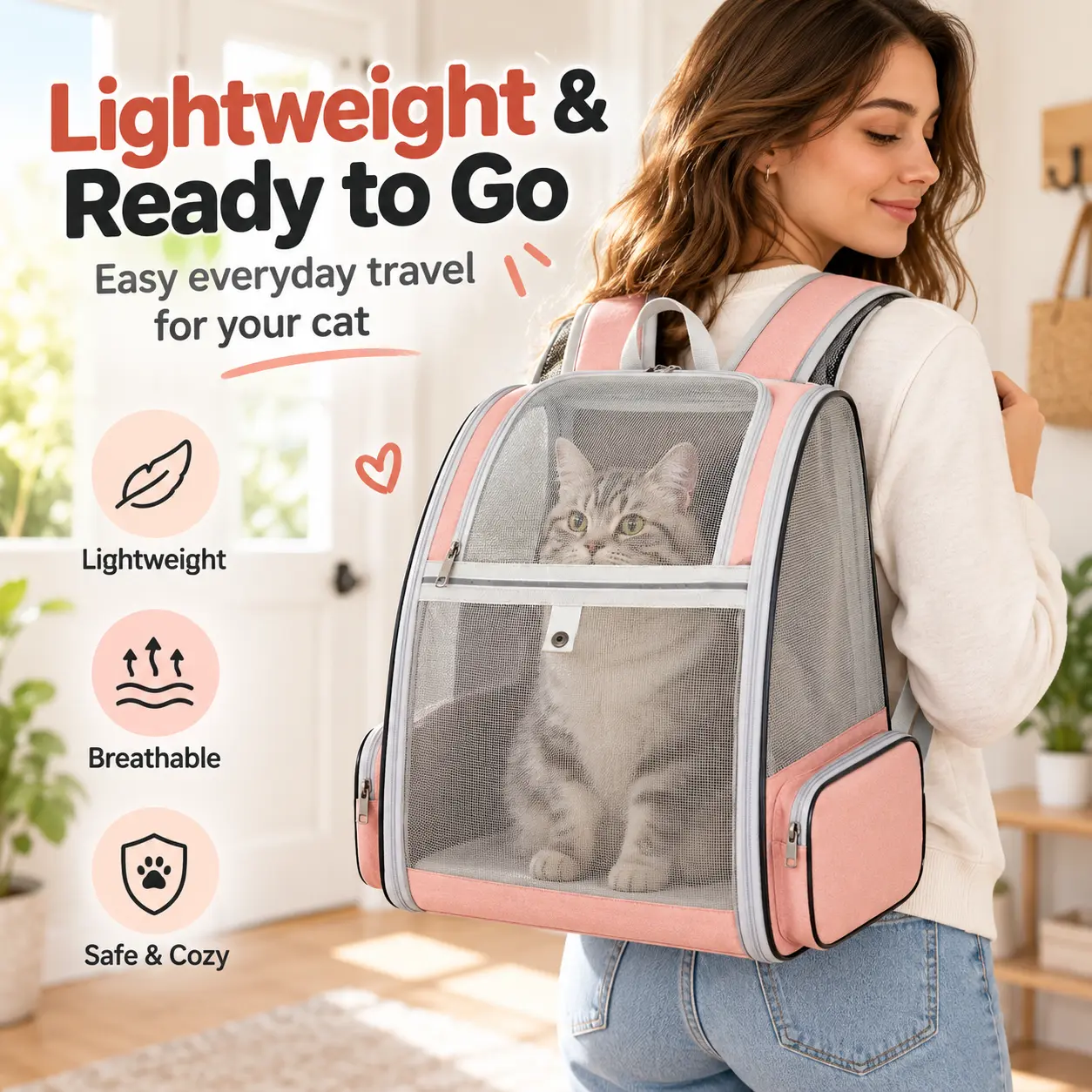 Breathable Mesh Cat Backpack Carrier Foldable Pet Travel Backpack with Top Opening Window Side Storage Pocket Lightweight Pet Carrier Backpack for Small Cats Puppy Vet Visits Outdoor Trips
