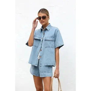 2025 Vintage High Street Denim Suits Women Short Sleeve Button Loose Comfortable Shirt Female Two Piece Sets High Waist Shorts